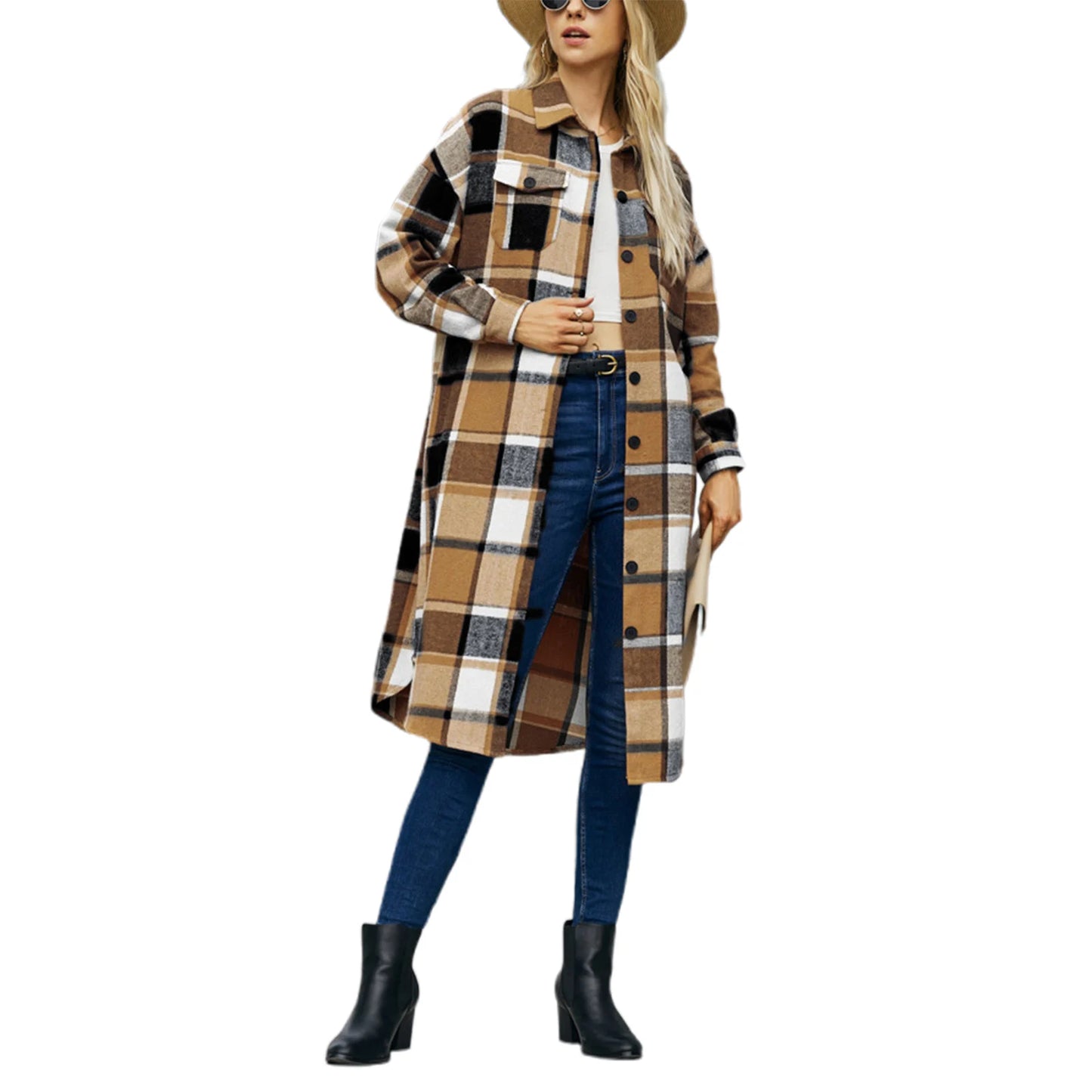 Plus Size Plaid Lapel Neck Long Sleeve Button Down Casual Streetwear Winter Jacket