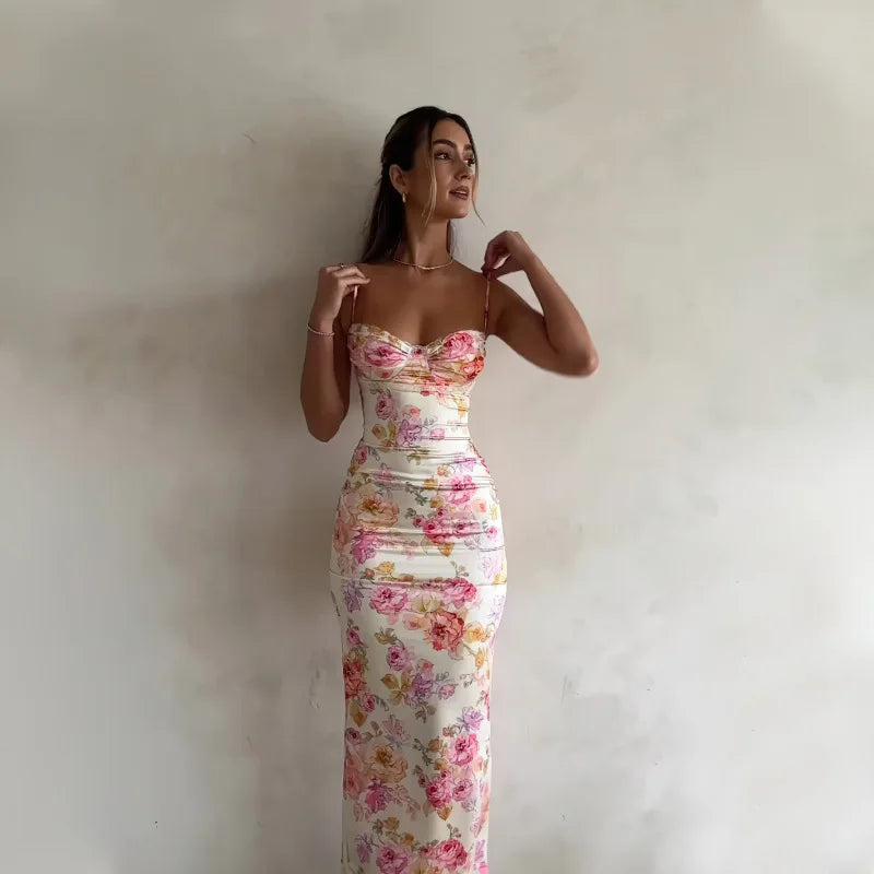 Floral Suspender Split Slim Sleeveless  Beach Style Spaghetti Strap Dress Women Clothes Mini Dress