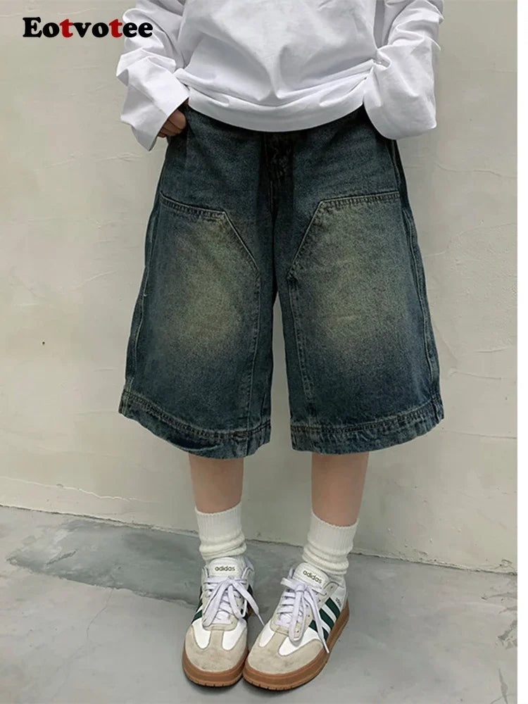 Fashion Vintage Jeans for Women Casual Blue Loose Button Fly Shorts  Straight Pants