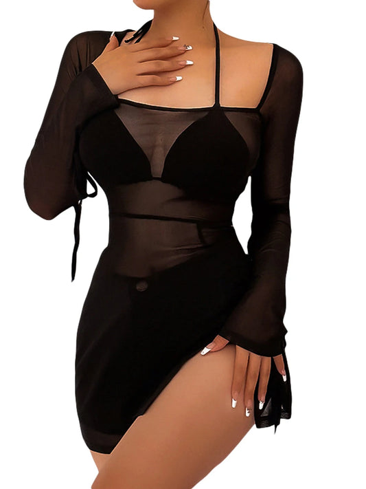 See-through Long Sleeve Square Neck Slit Mini Dress