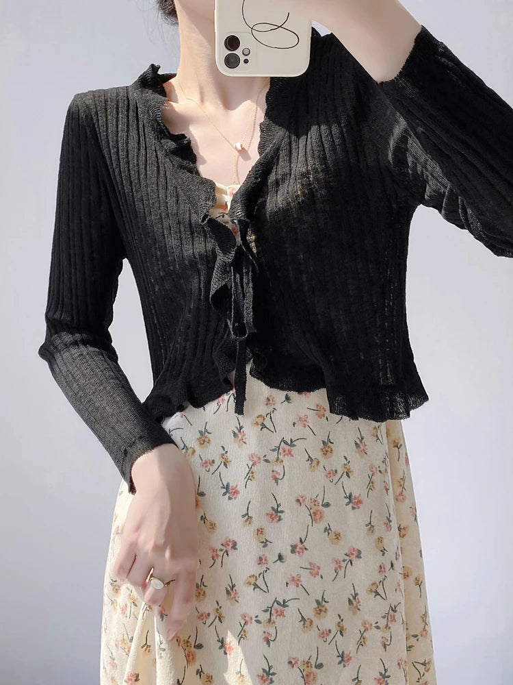 Ruffle Trim One Button Long Sleeve Crop Top Women Long Sleeve Open Front Ribbed Knit