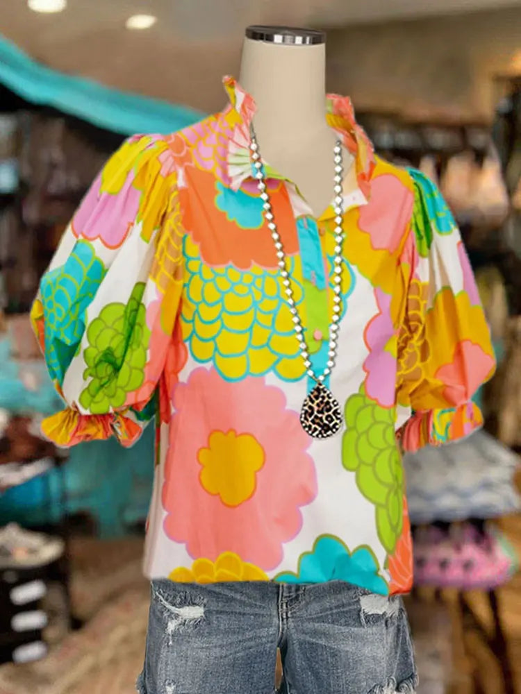 Floral Print Puff Sleeved Pleated Ruffled Collar Top