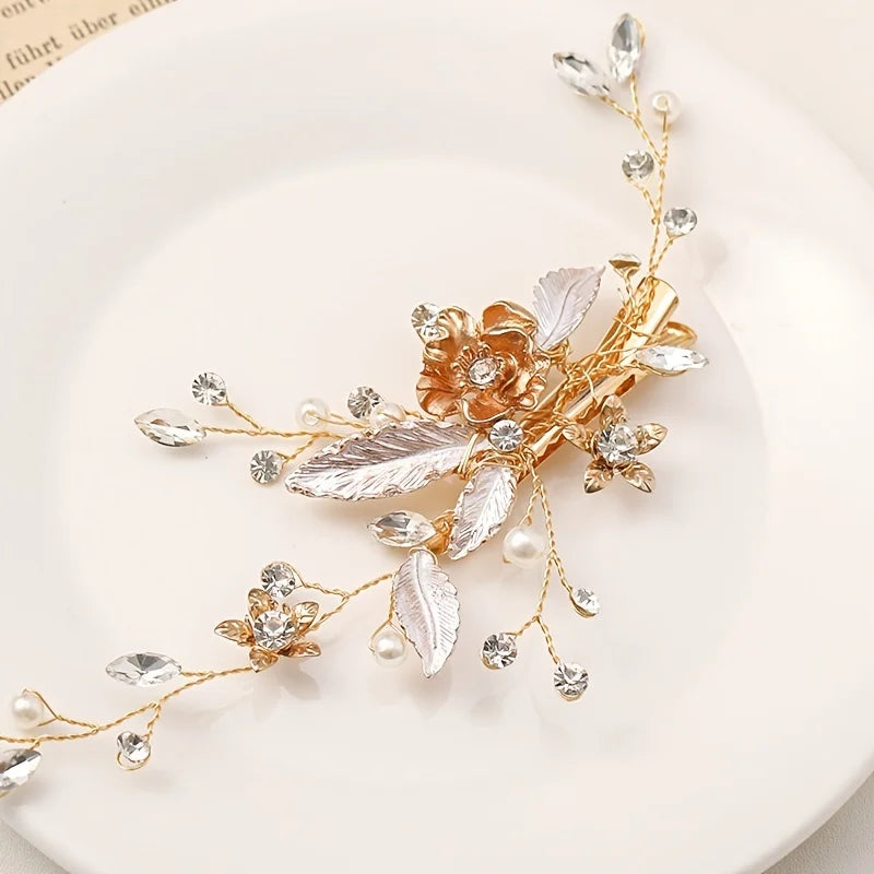 Trendy Gold Silver Color Flower Leaf Crystal Hairpin Headband Hair Accessories Headpiece Jewelry Ornaments
