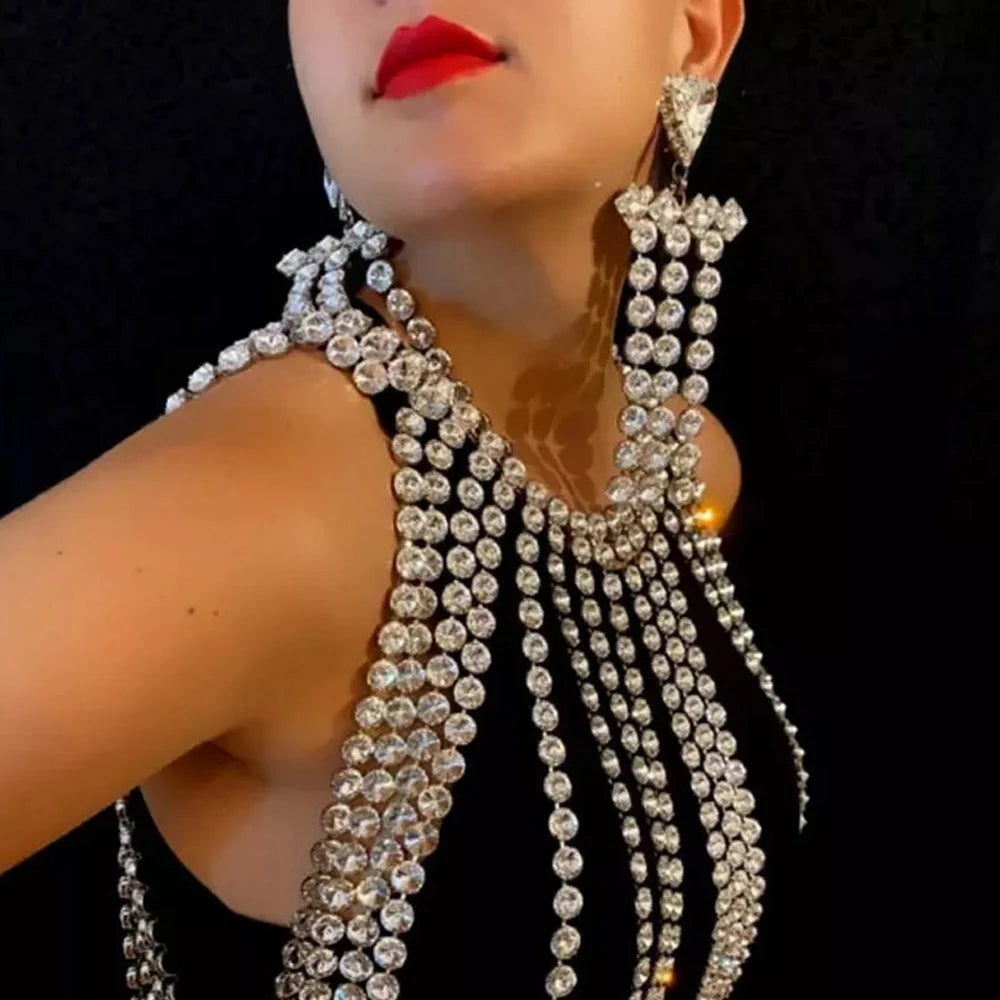 Fashion Crystal Tassel Earrings  Exaggerate Rhinestone Long Drop Earrings