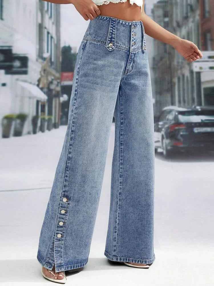 Plus Size Spliced Button Fly Denim Straight Wide Leg  Jeans Pockets High Waist Vintage Women Denim Jeans Casual Streetwear Trousers