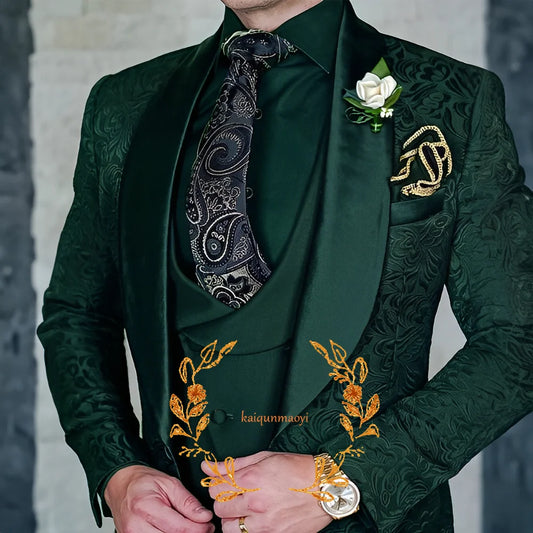Jacquard Elegant Men's 3 Piece Suit Set Wedding Groom Tuxedo Jacket Pants Vest Formal Party Dress