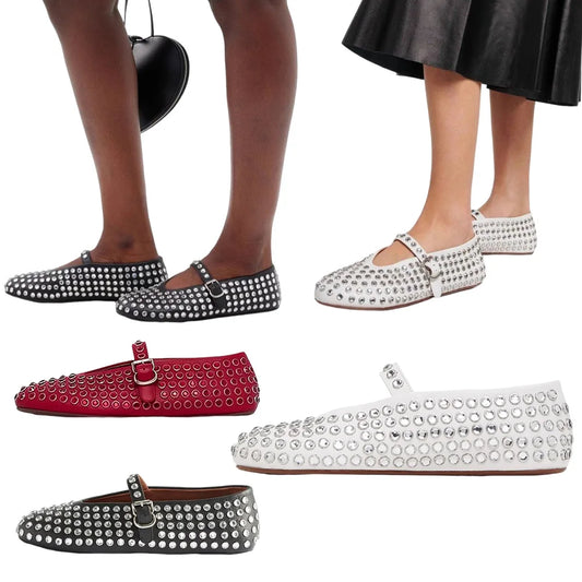 Glitter Shoes with Buckle Strap Rhinestone Ballet Flats Round Toe  Comfortable
