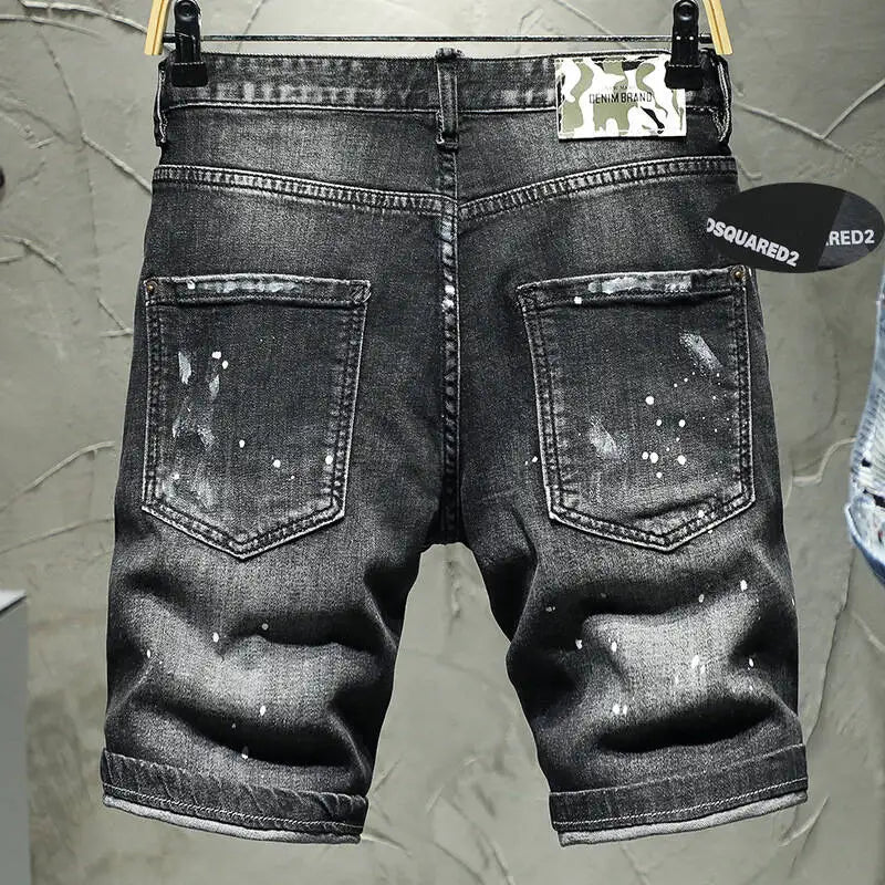 European and American cropped pants, denim shorts, cotton stretch, black gray, perforated high-end shorts