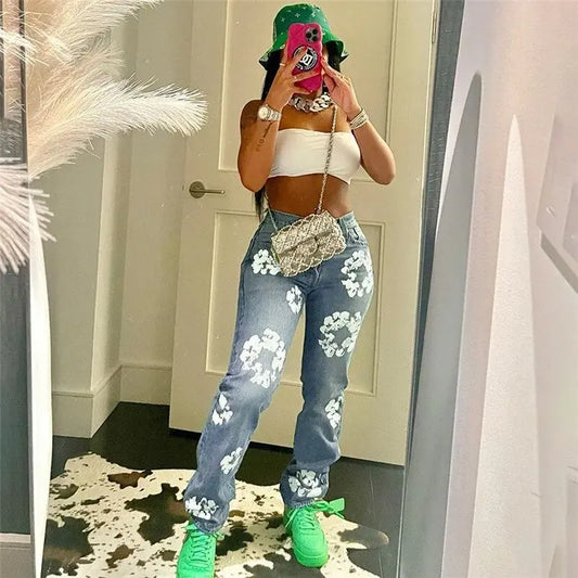 Women Jeans Denim Pants Fall Winter Casual Aesthetic Flower Print Jeans  High Waist Fashion