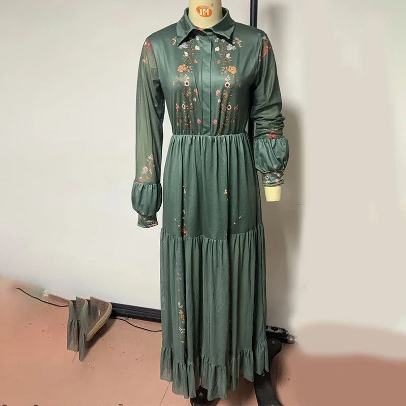 Vintage Pattern Printed Long Sleeve Dress Women Summer Sexy V Neck Pleated Long  Bohemian Style Lapel Spliced Maxi Dress