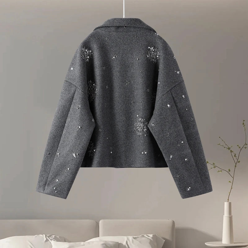 Casual Embroidery Beading Loose Women Coat Lapel Collar Bat Sleeve Solid Wool Blend Jacket Lady Luxury Outerwear