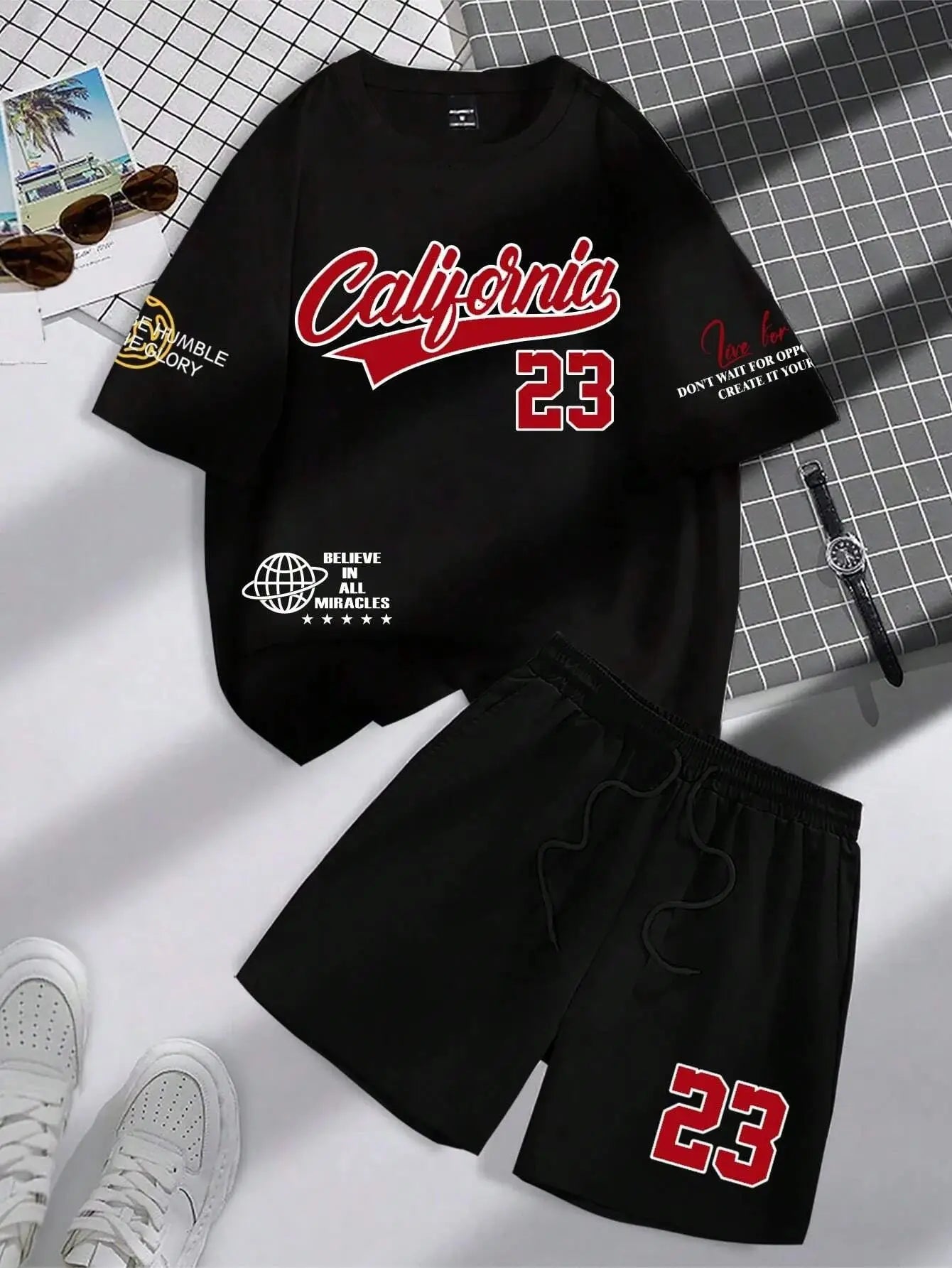 summer new trend men's suit round neck short sleeve set fashion personalized alphanumeric print round neck T-shirt and shorts