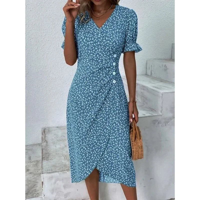 Elegant Floral Pleated H shaped Midi Dress Female V Neck Puff Sleeve Waist Ruched Button Dresses Women Summer Dress