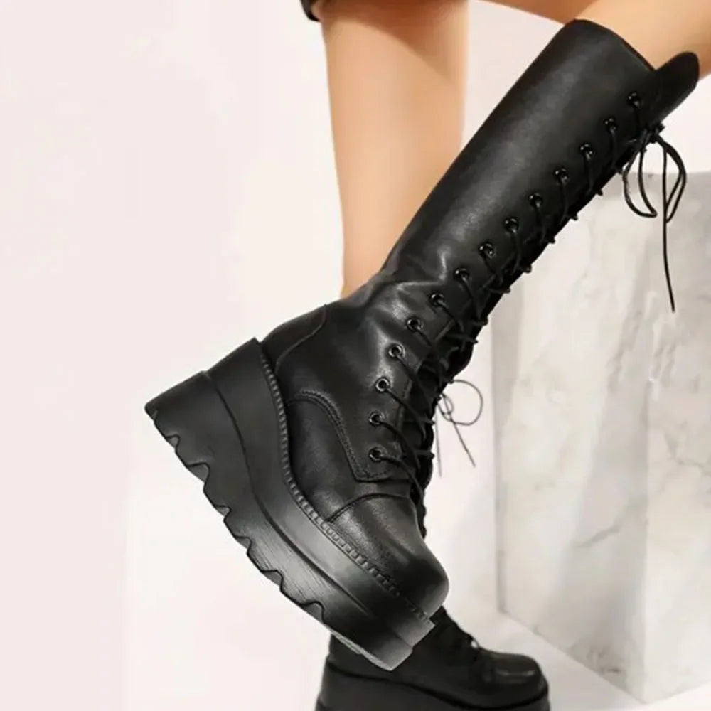 Gothic Fashion Round Toe Side Zipper Lace Up  Mid Calf Boots