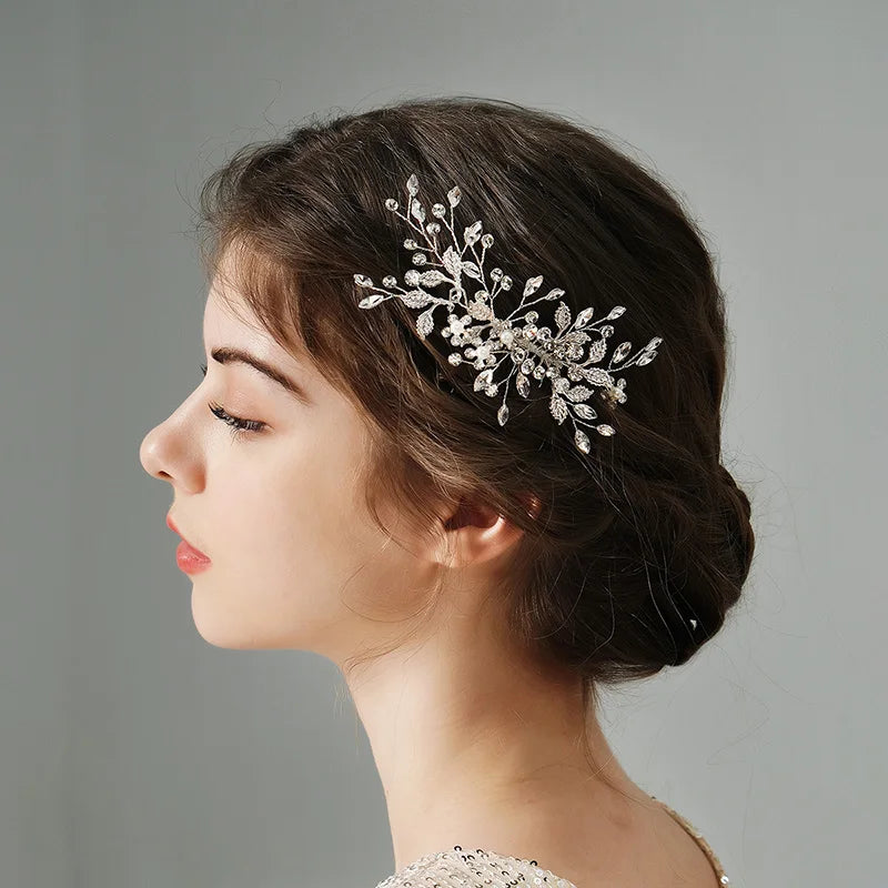 Silver Alloy Hair Comb Handmade Pearls Rhinestones Fashion Metal Headpiece Elegant Hair Jewelery Accessory For Women
