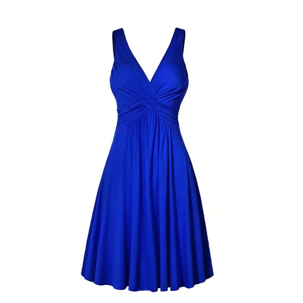 Women Solid Color Deep V-Neck Lady Retro Backless Sling Pleated Dress Wide Band Strap Flare Skirt
