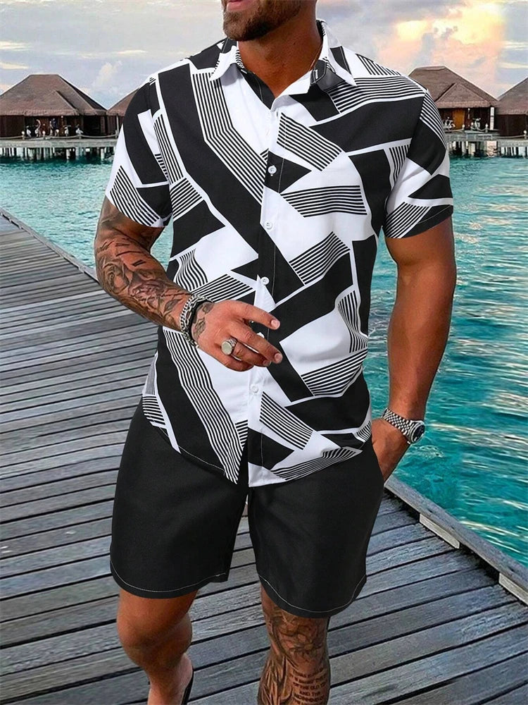 Summer  Men's Short Sleeve Shirt and Shorts 2 Piece Set Fashion Coconut Tree Print Lapel Shirt Beach Drawstring Shorts Set