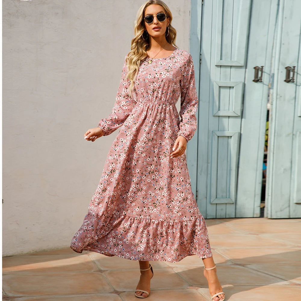 Bohemian Women's Maxi Dress Casual Long Sleeve High Waist Beach Woman Chiffon Dresses Floral
