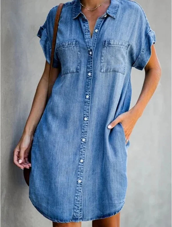 Single Breasted Denim Shirt Dress Women's Casual Loose Pocket Simple Retro Commuter Female Office Denim