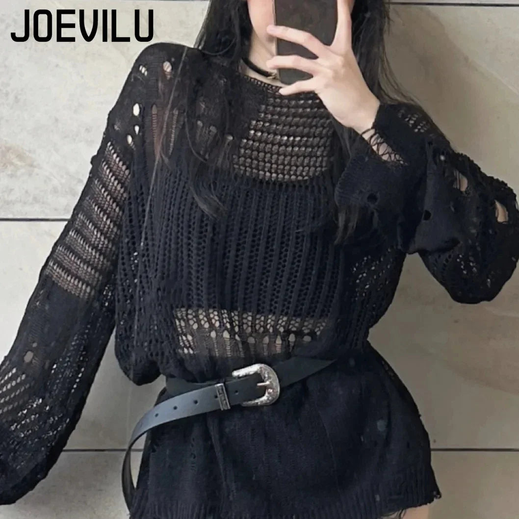 Hollow Knit  Loose Fitting Long Sleeve  Vintage Gothic Blouses