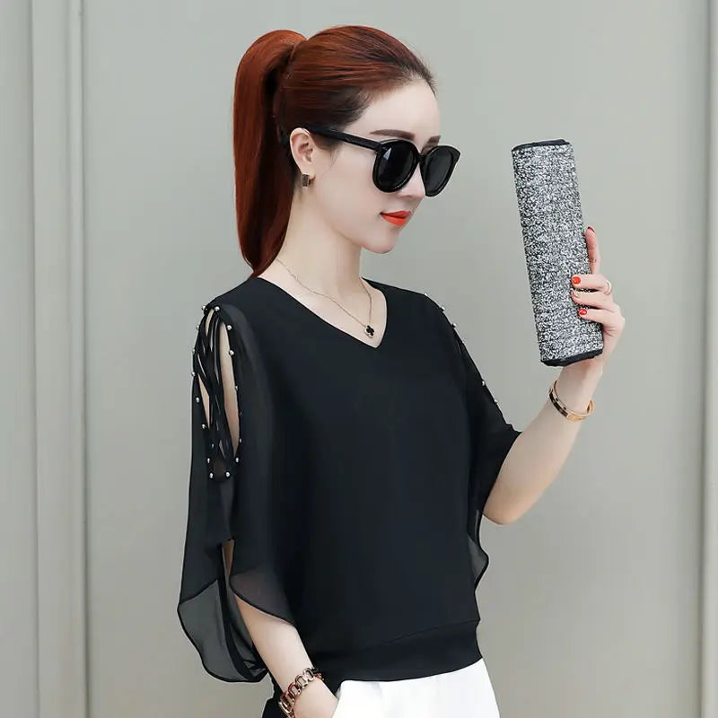 V-neck Short Sleeve Chiffon Shirt