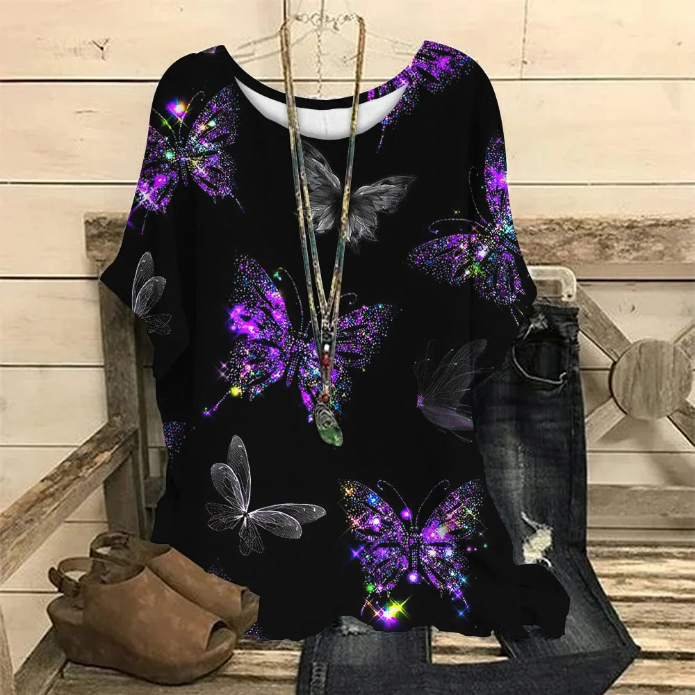 Women's T-Shirts Spring Clothing Floral Graphic O-Neck Pullovers Short Sleeve Tops Streetwear Oversized Apparel Ladies