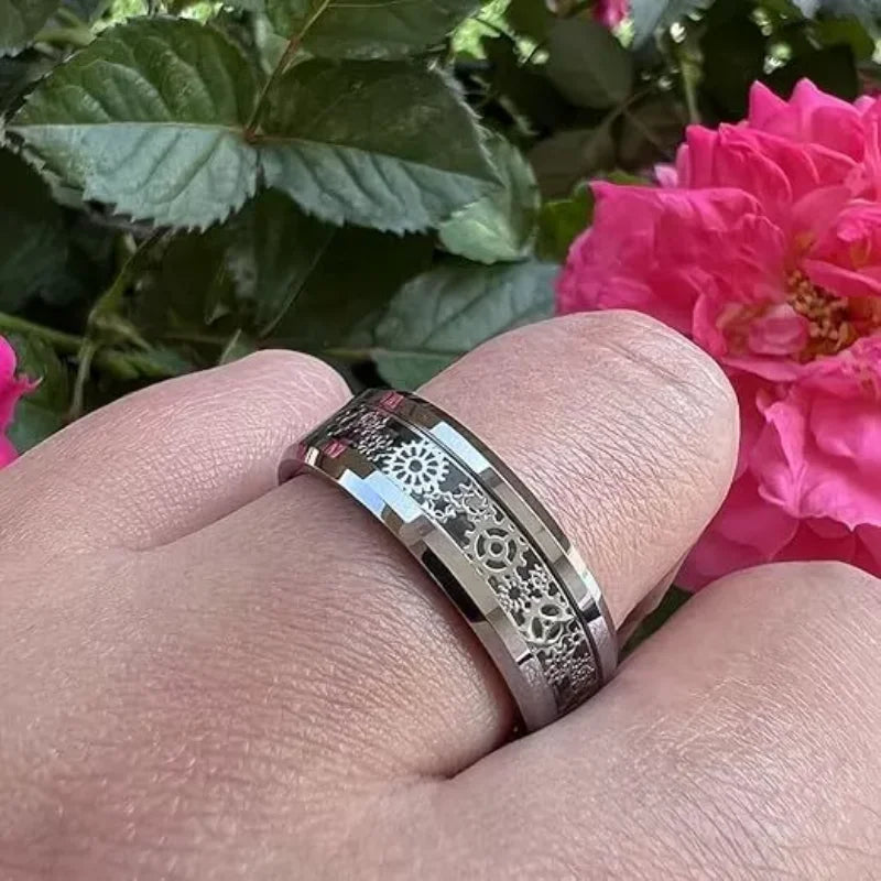 Fashion Steampunk Gear Wheel Men Stainless Steel Ring Inlay Carbon Fiber Rings For Men Rock