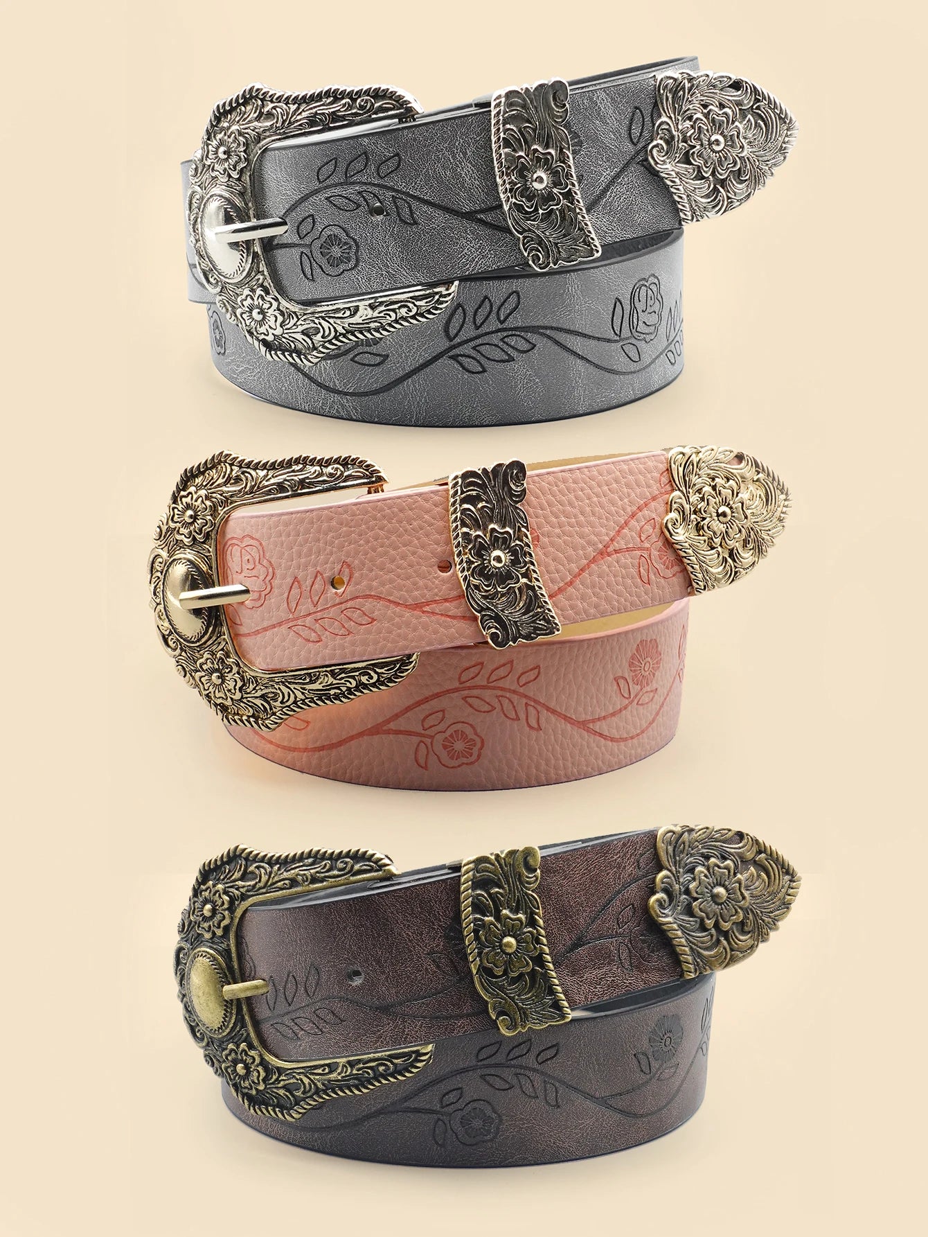 Western Style Printed Solid Color Pu Belt Buckle, Retro Casual Women's Belt, Classic Jeans Decorative Belt