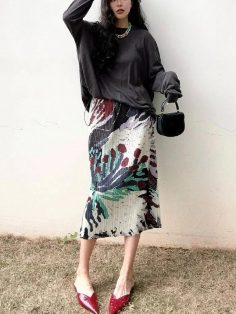 Floral Long  Vintage Loose High Waist Pleated Skirt