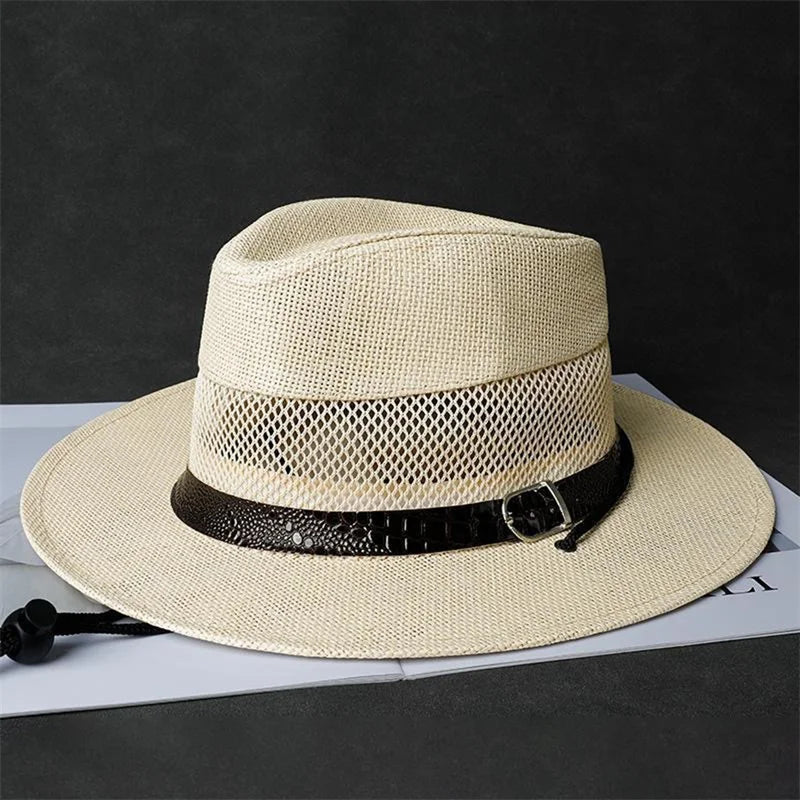 Stylish Unisex Straw Fedora Hat with Hollow Out Design and Black Belt Detail for Summer Beach Vacation or Outdoor Activities