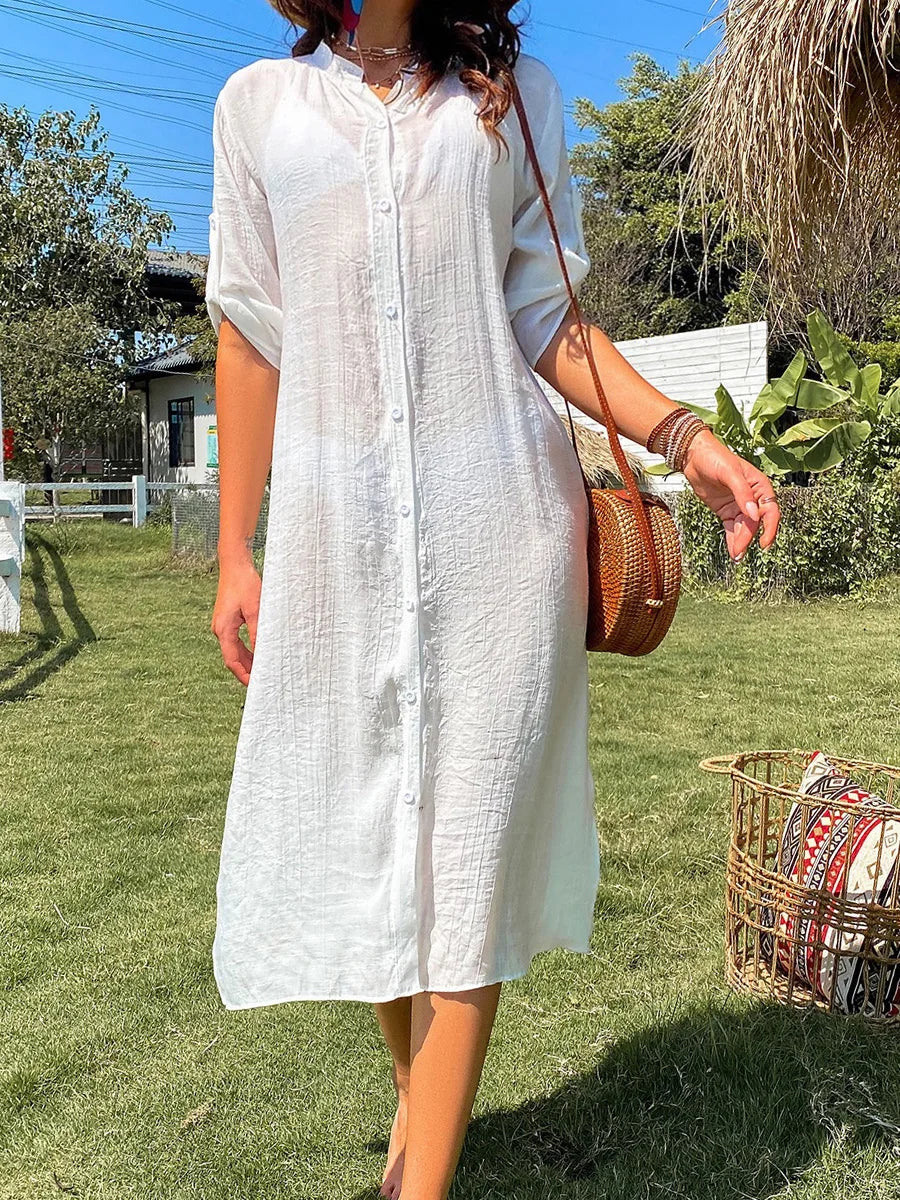 Loose Bikini Cover Up Solid Color Short Sleeve Button Down Shirt for Summer Swimsuit