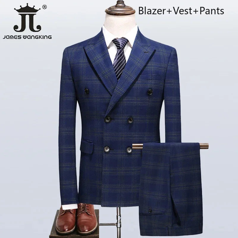 ( Blazer + Vest + Pants ) Boutique British Style Men's Suit Plaid Dress Business Casual Formal Suits 3Pcs Set