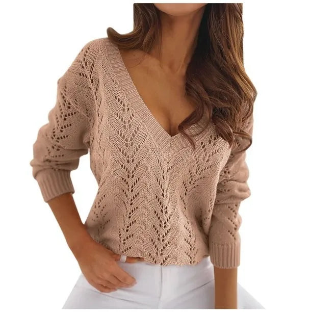 Europe and the United States cross-border autumn solid color cutout V-neck casual knitwear sweater