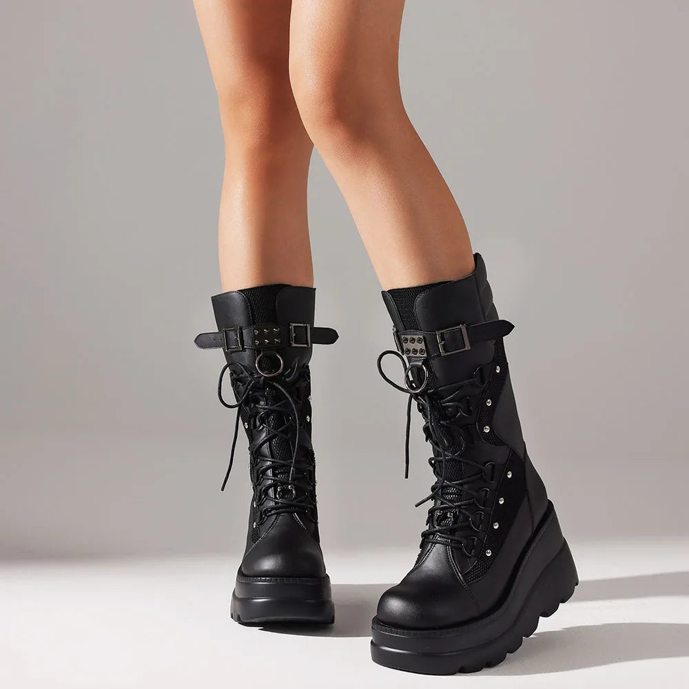 Combat Motorcycle Boots  High Platform Block High Heel Back Zipper Buckle Lace-Up Round Toe Punk Mid-Calf Boots