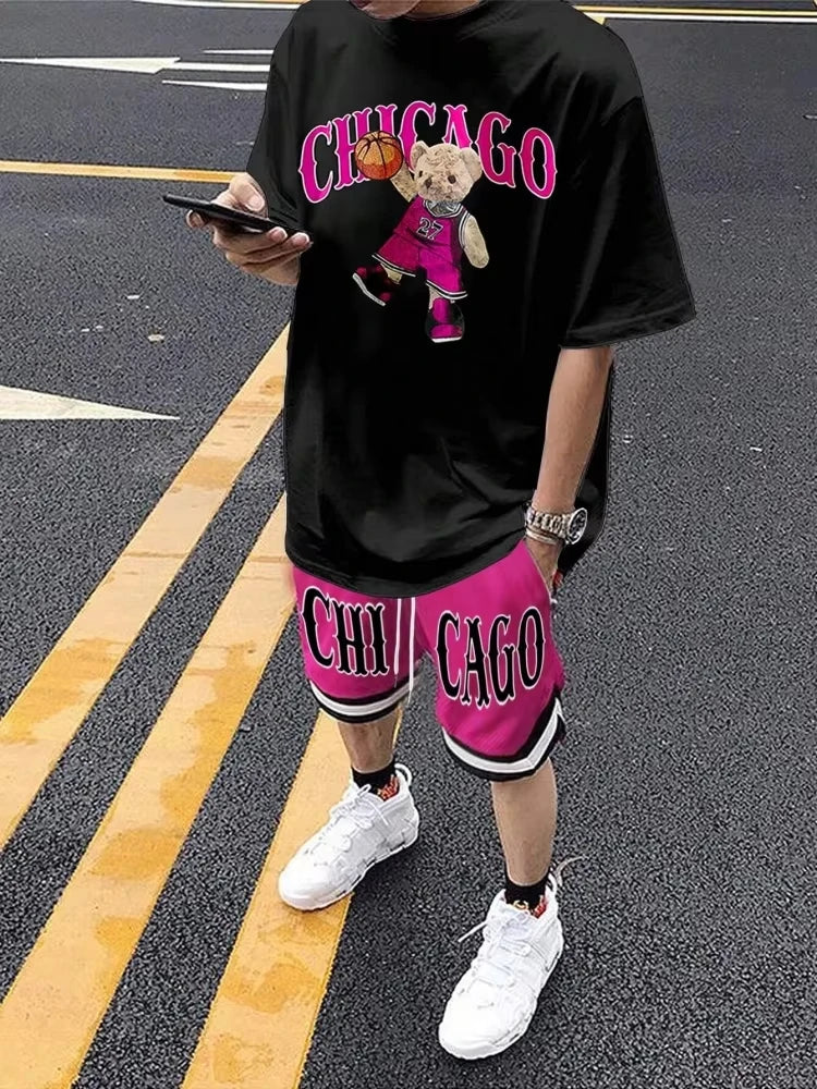 Cartoon Bear 3D Printed Men's Round Neck Short Sleeve 2-piece Set Urban Street Trendy Men's Top Outdoor Men's Drawstring Shorts