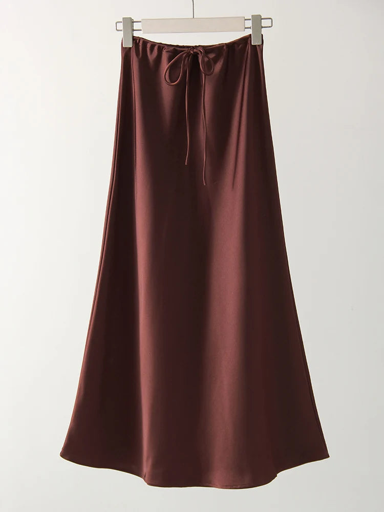 Long Satin Skirt  A Line Tie Up