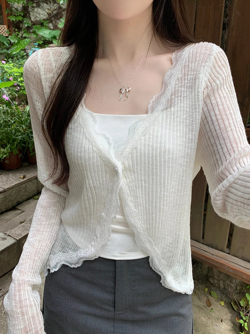 Lace Trim One Button Long Sleeve Crop Top Women Short Sleeve Open Front Ribbed Knit Cardigan Sweater Summer
