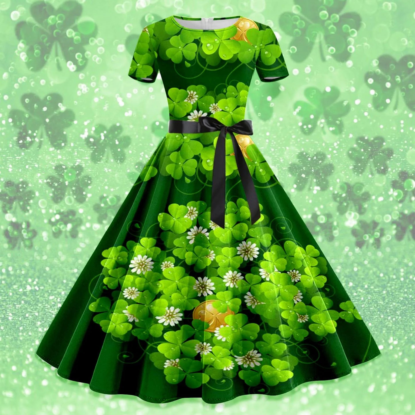 Shamrock Print Women St. Patrick's Day Dress Large Swing Short Sleeve A Line  Dress