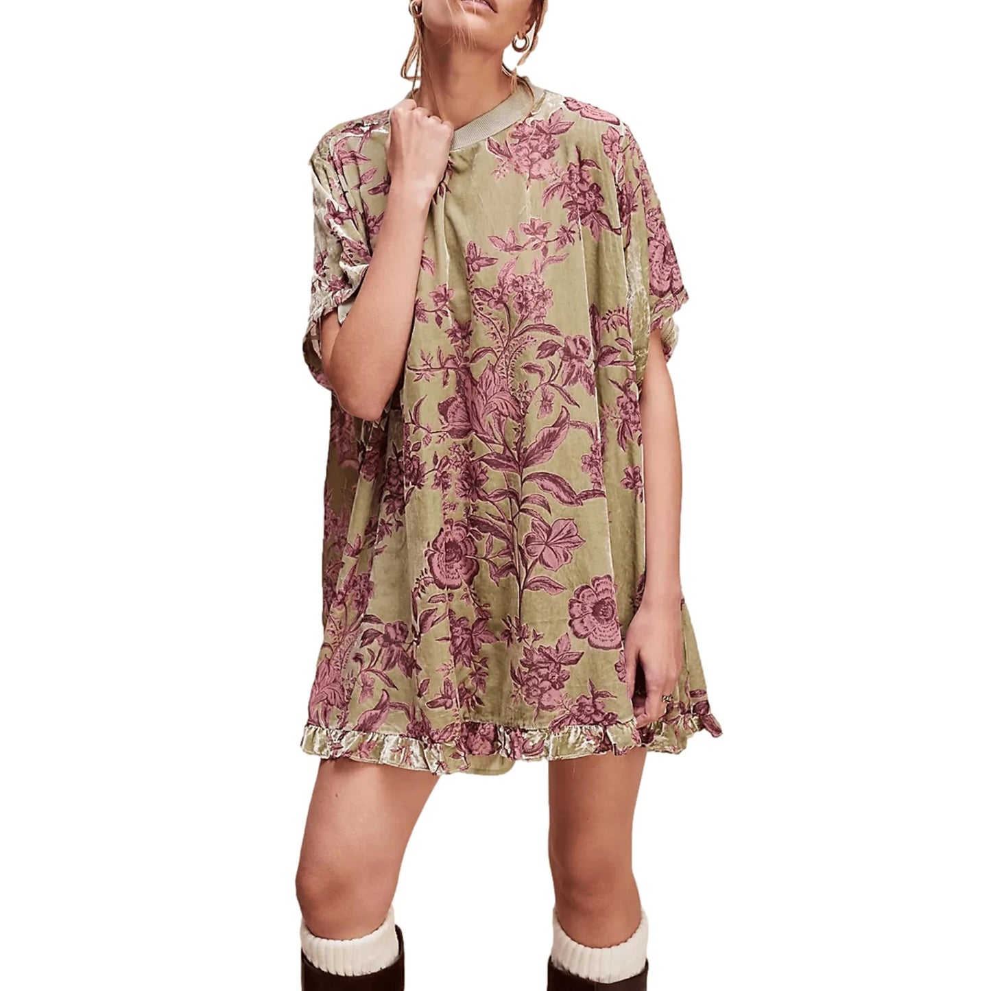 Velvet Mini Dress V-Neck short Sleeve Floral Print