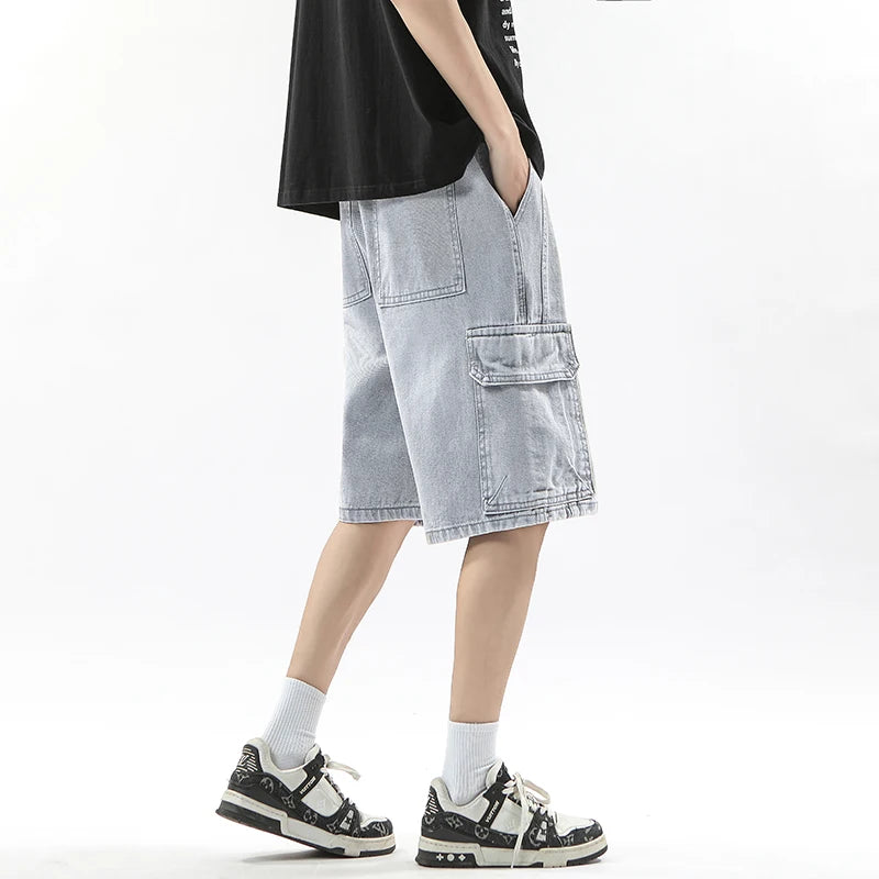 Summer Workwear Denim Shorts Street  Loose Straight Shorts Stretch Waist Casual Jogging Outdoor Five-Cubic Pants