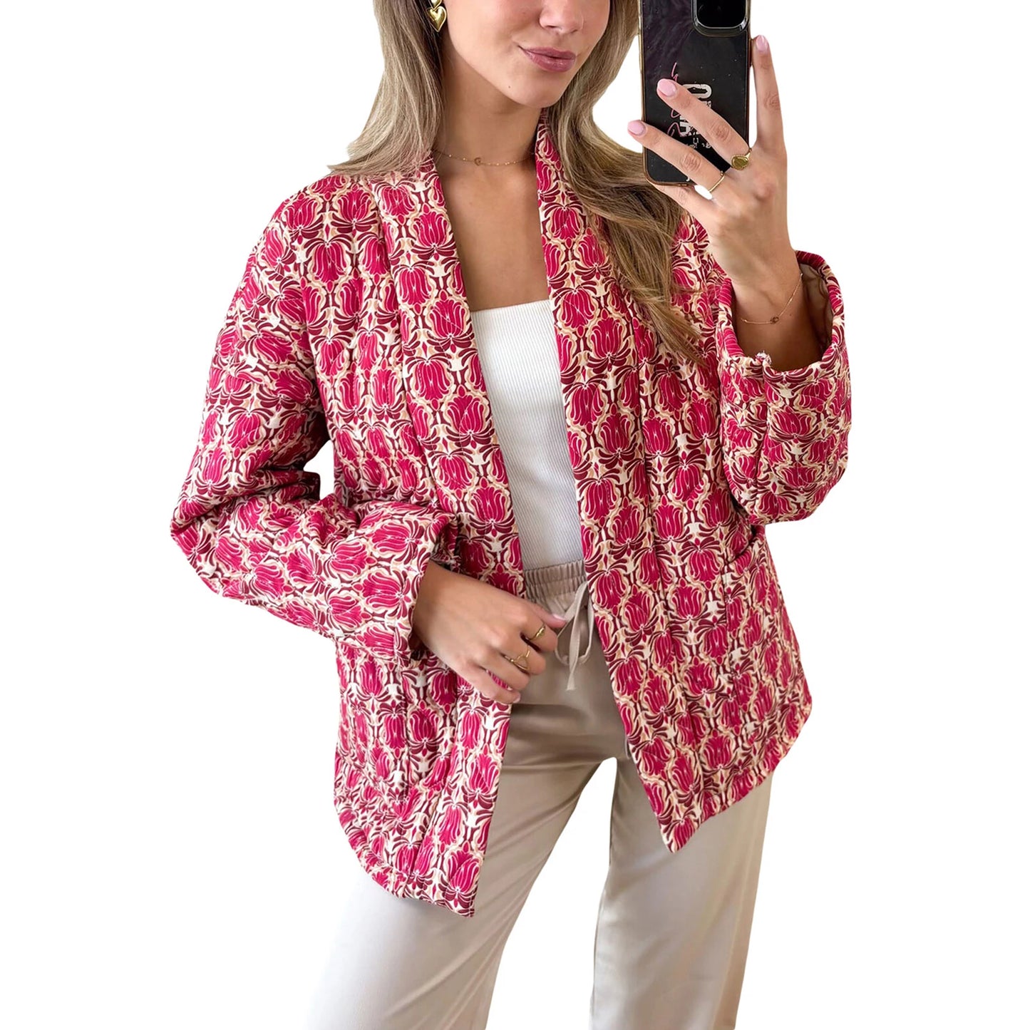 Ladies Retro Floral Print Hooded  Jacket Warm Winter Quilted Coat with Zipper Closure and Pockets