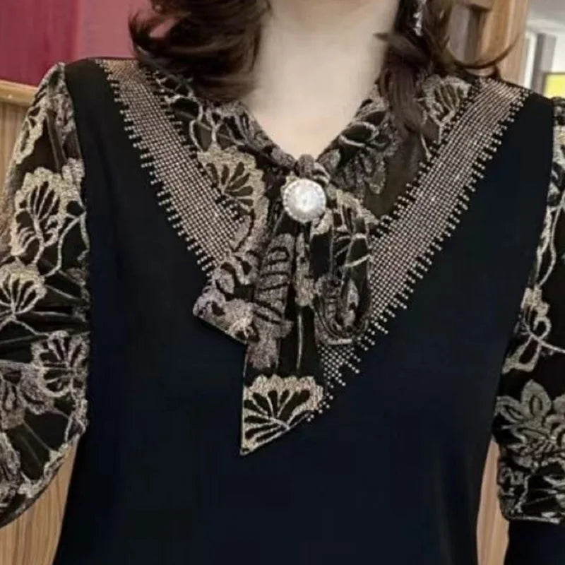 Loose Casual Office Retro BOW Chiffon V Neck Long Sleeve Chic Tops