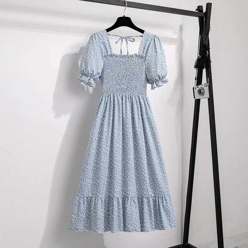 Chiffon Dresses Fashion Female Elastic Waist Short Sleeve Pleated Casual Dress Women A-line Dresses