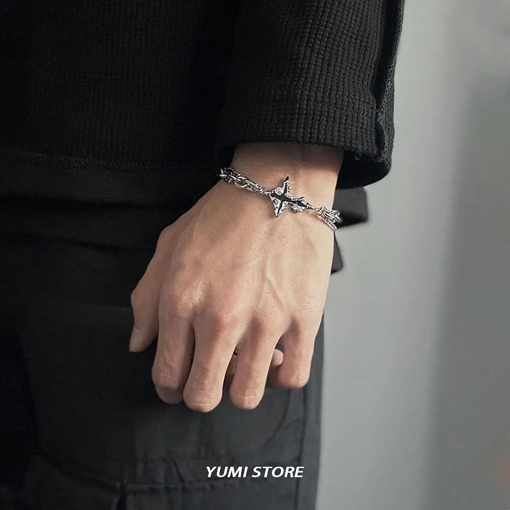 Retro Flame Cross Bracelet For Men Woman Hip Hop Titanium Steel Splice Chain Charm Unisex Jewelry