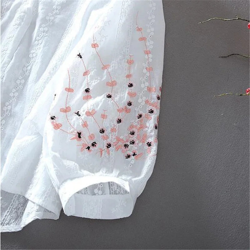 V-Neck Embroider Blouse  Lace Lantern Sleeves Cotton