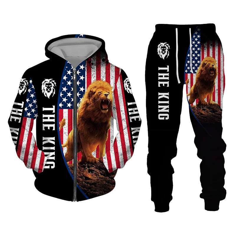 Men's Tracksuit 3D The Lion Print Zipper Hoodies Sweatshirts Pants Sets Casual Men's Clothing Women's Tracksuit