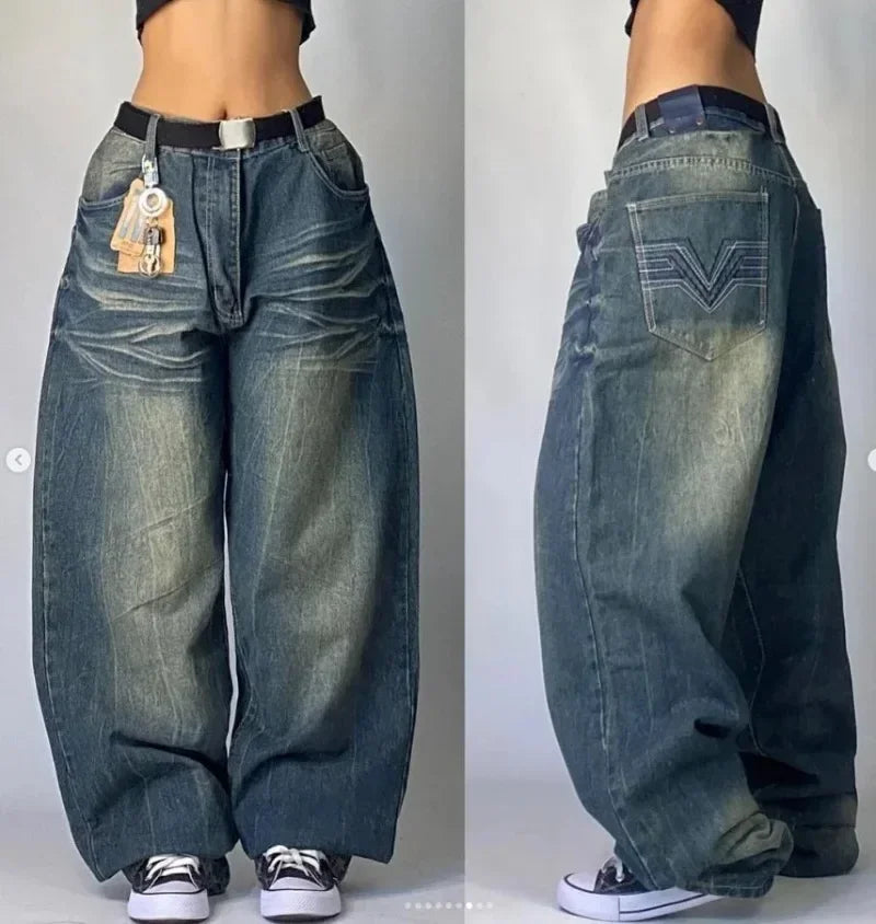 Jeans Leaf Booties American Street Retro Embroidery Loose Casual Jeans High Waist Wide Leg Washed Street Casual Pants