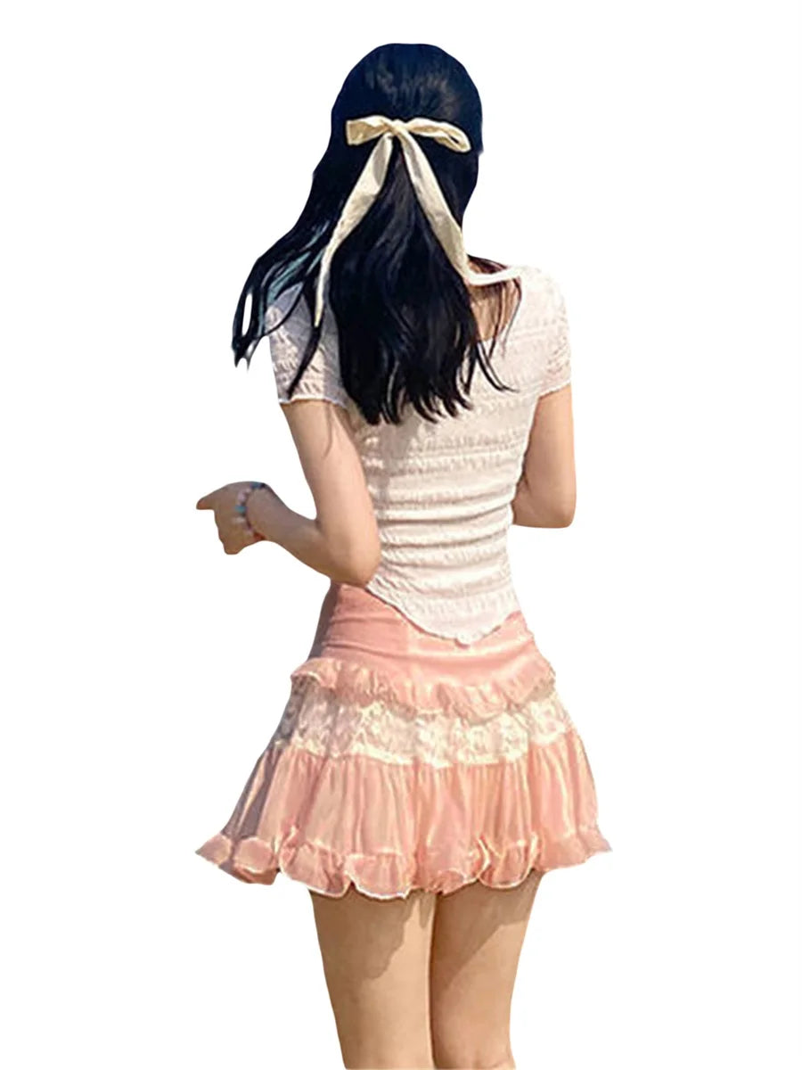 Summer Mini Skirt Cute High Waist Lace Patchwork Ruffle Hem A-Line Skirts