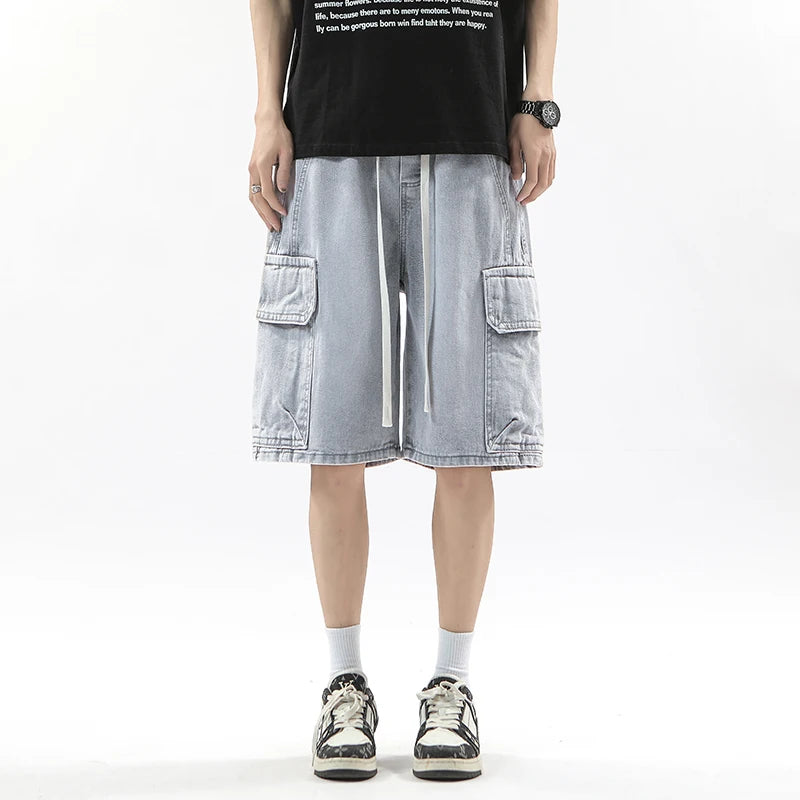 Summer Workwear Denim Shorts Street  Loose Straight Shorts Stretch Waist Casual Jogging Outdoor Five-Cubic Pants