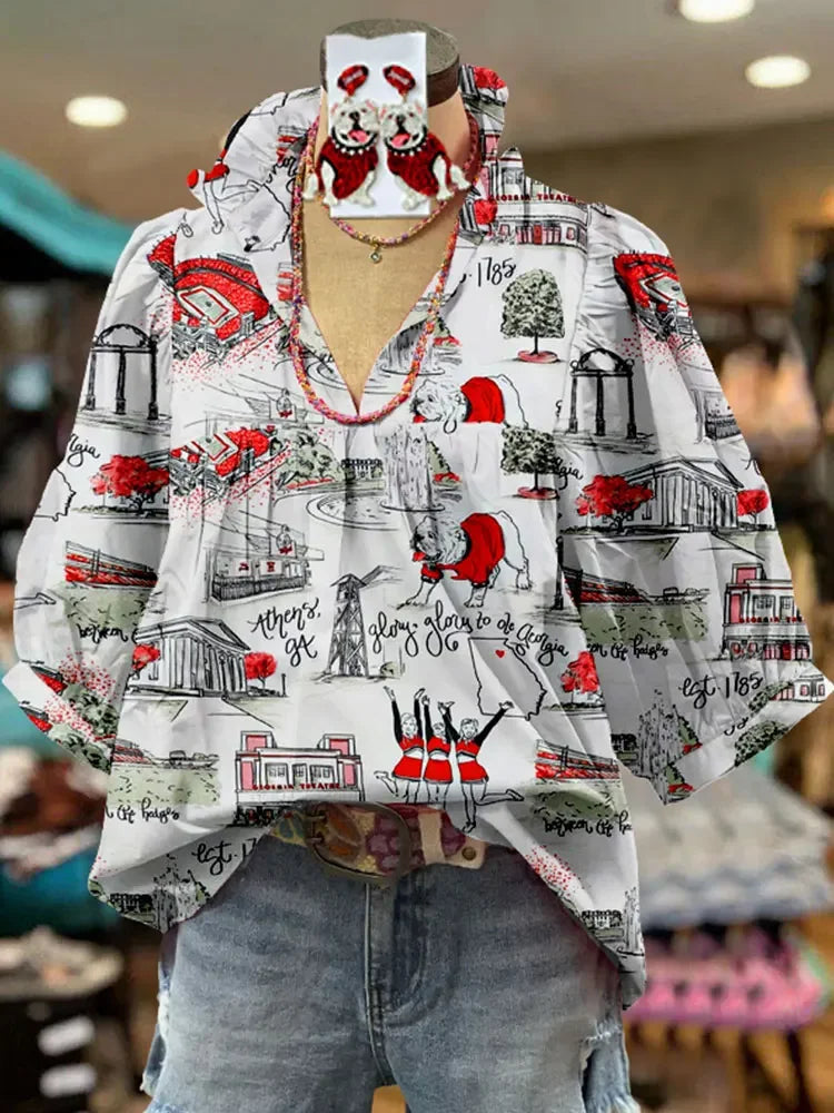 Contrast Bulldog Print Puff Sleeve  Blouse